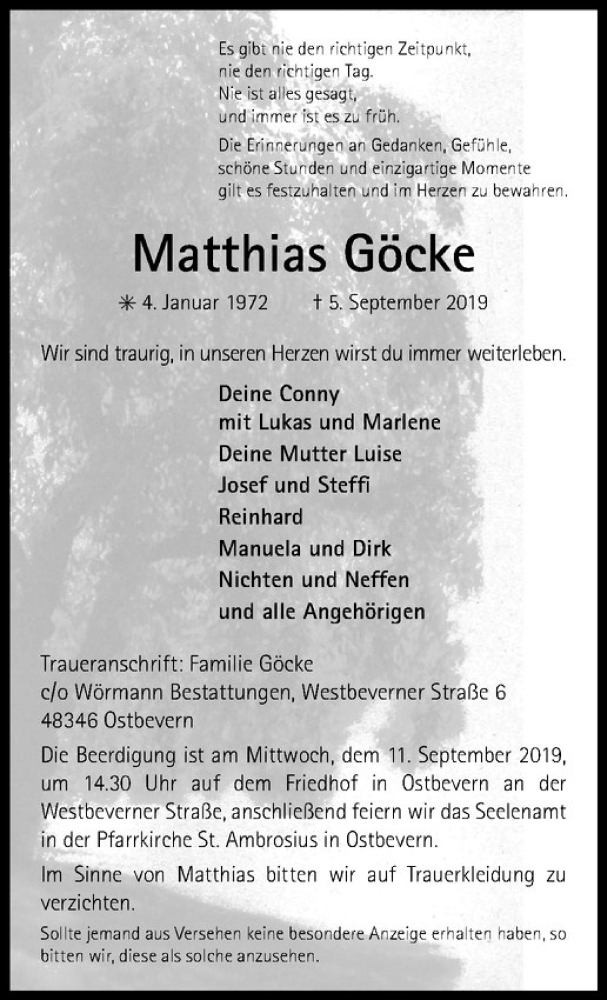  Traueranzeige für Matthias Göcke vom 07.09.2019 aus Westfälische Nachrichten