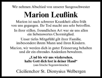 Anzeige von Marion Leußink von Westfälische Nachrichten