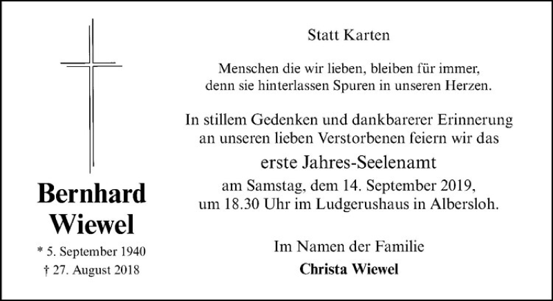  Traueranzeige für Bernhard Wiewel vom 07.09.2019 aus Westfälische Nachrichten