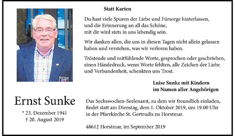  Traueranzeige für Ernst Sunke vom 27.09.2019 aus Westfälische Nachrichten