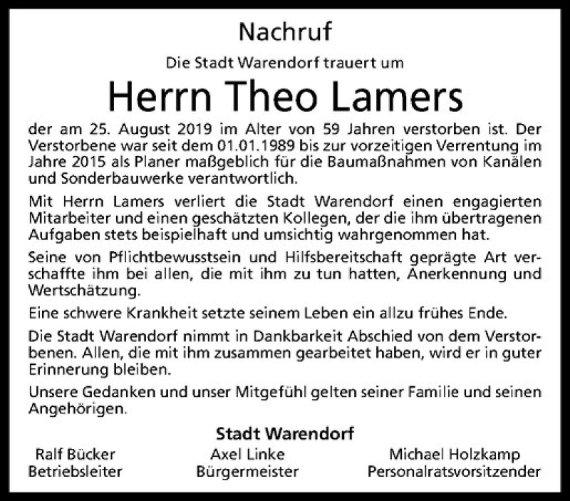 Traueranzeige für Theo Lamers vom 04.09.2019 aus Westfälische Nachrichten