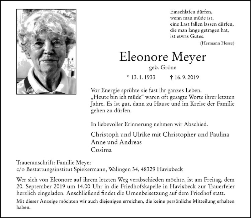  Traueranzeige für Eleonore Meyer vom 18.09.2019 aus Westfälische Nachrichten