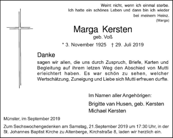 Anzeige von Marga Kersten von Westfälische Nachrichten