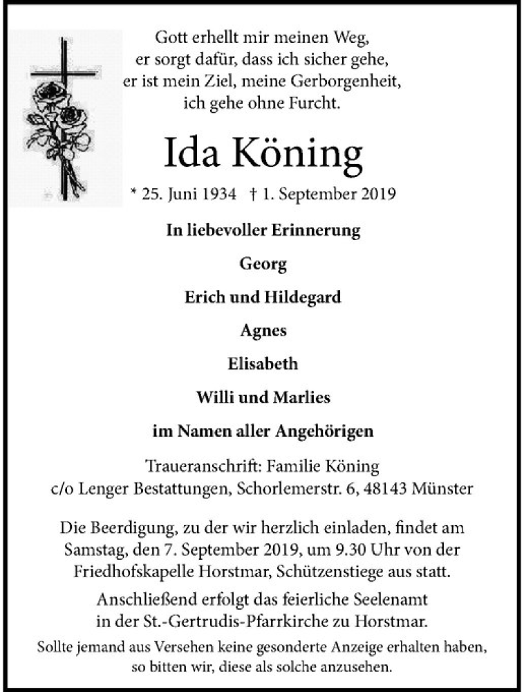  Traueranzeige für Ida Köning vom 04.09.2019 aus Westfälische Nachrichten