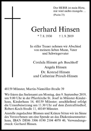 Anzeige von Gerhard Hinsen von Westfälische Nachrichten