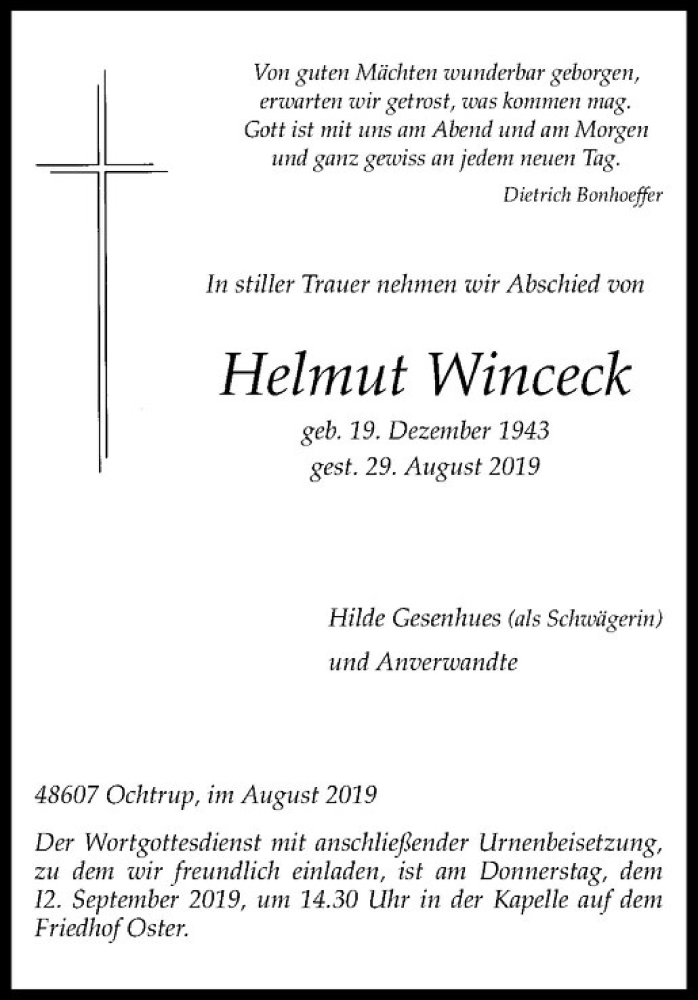  Traueranzeige für Helmut Winceck vom 09.09.2019 aus Westfälische Nachrichten