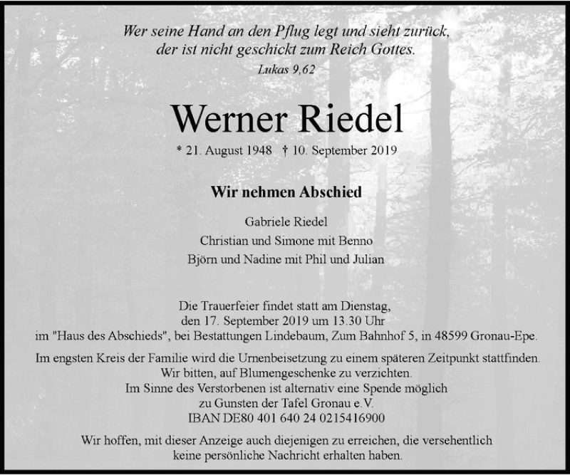  Traueranzeige für Werner Riedel vom 14.09.2019 aus Westfälische Nachrichten