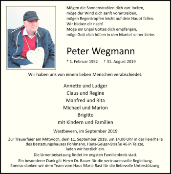Anzeige von Peter Wegmann von Westfälische Nachrichten
