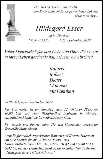 Anzeige von Hildegard Esser von Westfälische Nachrichten