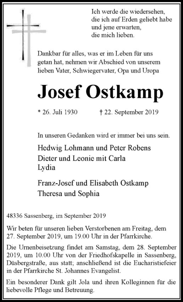  Traueranzeige für Josef Ostkamp vom 25.09.2019 aus Westfälische Nachrichten