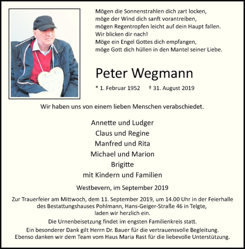  Traueranzeige für Peter Wegmann vom 07.09.2019 aus Westfälische Nachrichten