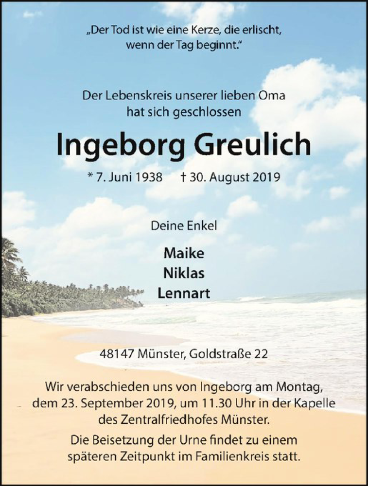  Traueranzeige für Ingeborg Greulich vom 14.09.2019 aus Westfälische Nachrichten