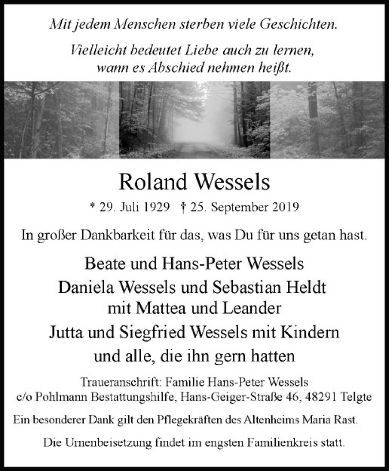  Traueranzeige für Roland Wessels vom 28.09.2019 aus Westfälische Nachrichten