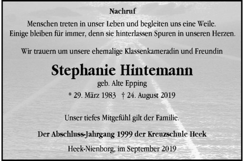  Traueranzeige für Stephanie Hintemann vom 05.09.2019 aus Westfälische Nachrichten