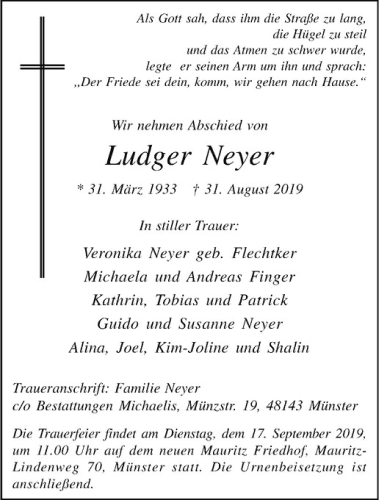  Traueranzeige für Luger Neyer vom 07.09.2019 aus Westfälische Nachrichten