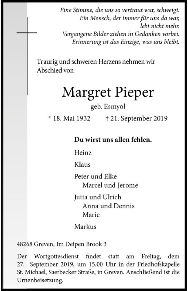  Traueranzeige für Margret Pieper vom 25.09.2019 aus Westfälische Nachrichten