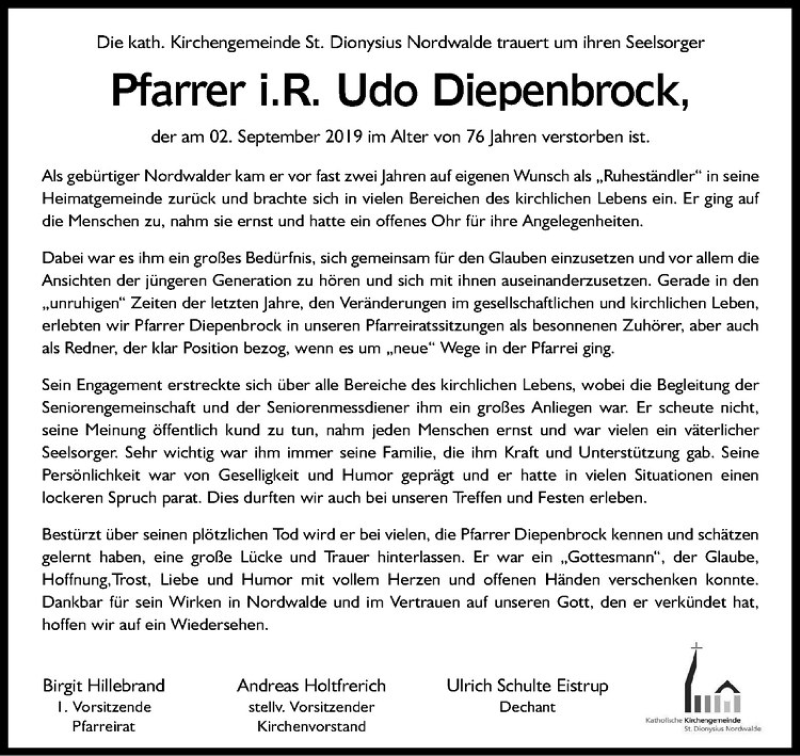  Traueranzeige für Udo Diepenbrock vom 07.09.2019 aus Westfälische Nachrichten