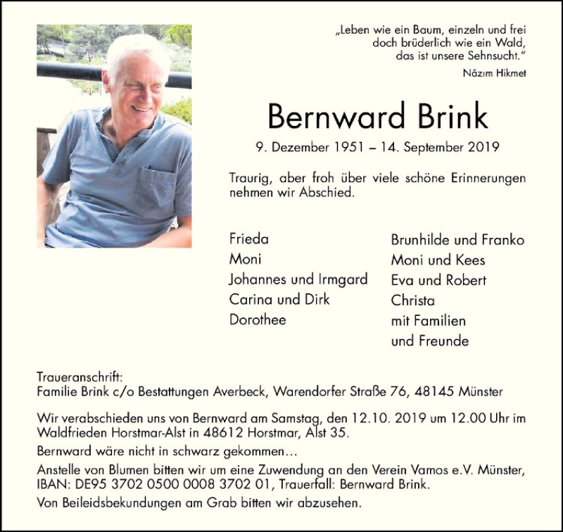  Traueranzeige für Bernward Brink vom 25.09.2019 aus Westfälische Nachrichten