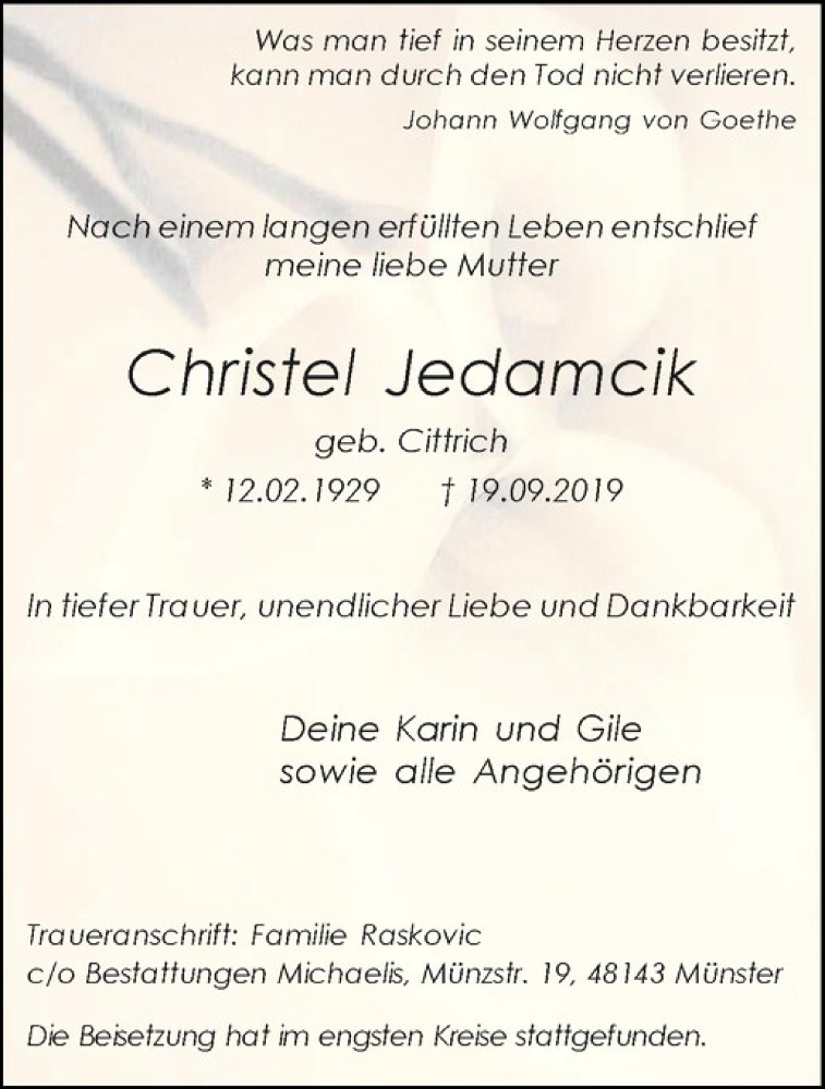  Traueranzeige für Christel Jedamcik vom 28.09.2019 aus Westfälische Nachrichten