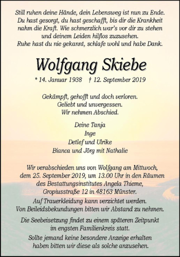 Anzeige von Wolfgang Skiebe von Westfälische Nachrichten