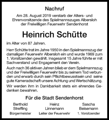 Anzeige von Heinrich Schütte von Westfälische Nachrichten
