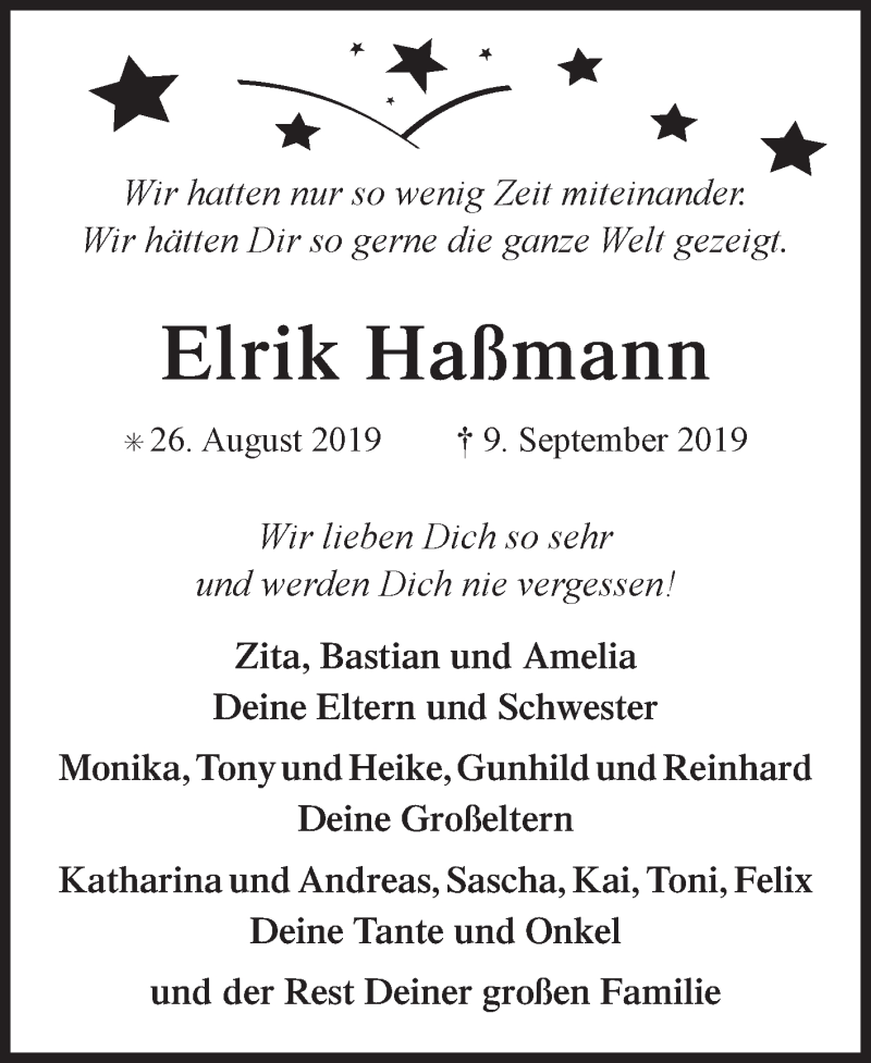 Traueranzeige für Elrik Haßmann vom 17.09.2019 aus 