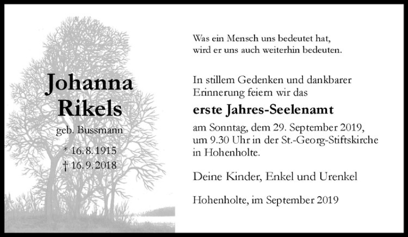  Traueranzeige für Johanna Rikels vom 25.09.2019 aus Westfälische Nachrichten