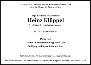 Anzeige von Heinz Klüppel von Westfälische Nachrichten
