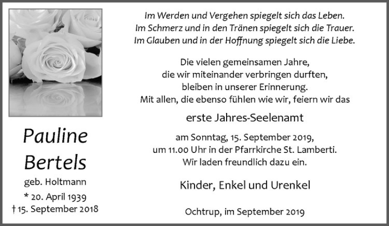  Traueranzeige für Pauline Bertels vom 11.09.2019 aus Westfälische Nachrichten