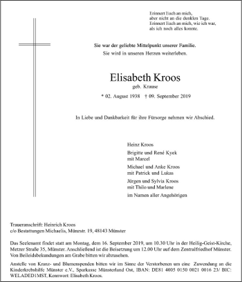 Anzeige von Elisabeth Kroos von Westfälische Nachrichten
