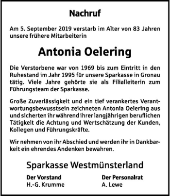 Anzeige von Antonia Oelering von Westfälische Nachrichten