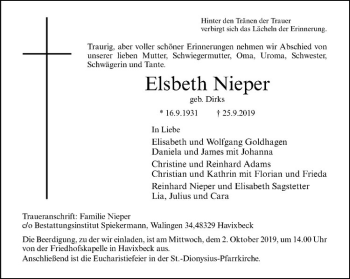 Anzeige von Elsbeth Nieper von Westfälische Nachrichten