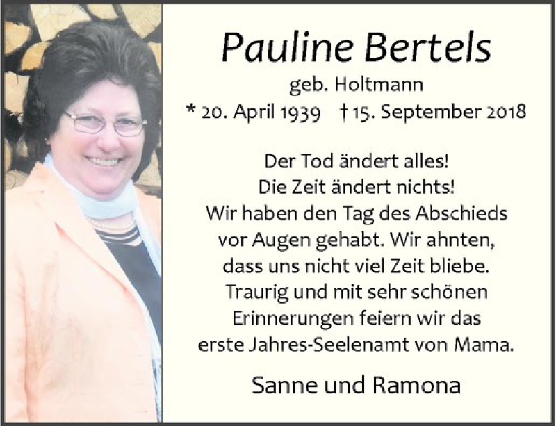  Traueranzeige für Pauline Bertels vom 14.09.2019 aus Westfälische Nachrichten