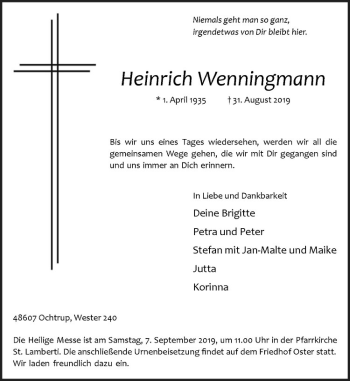 Anzeige von Heinrich Wennigmann von Westfälische Nachrichten