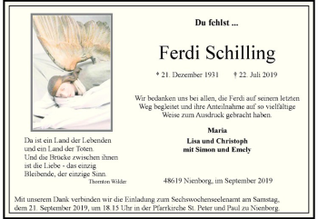 Anzeige von Ferdi Schilling von Westfälische Nachrichten