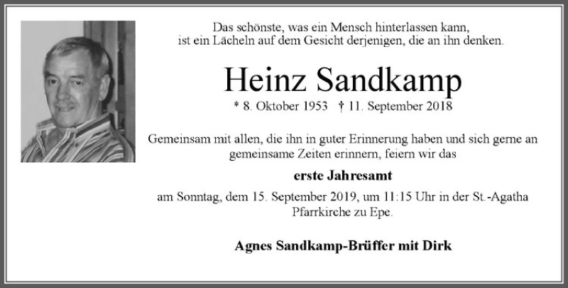  Traueranzeige für Heinz Sandkamp vom 11.09.2019 aus Westfälische Nachrichten