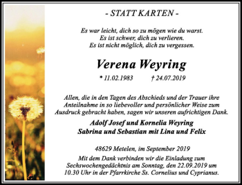 Anzeige von Verena Weyring von Westfälische Nachrichten
