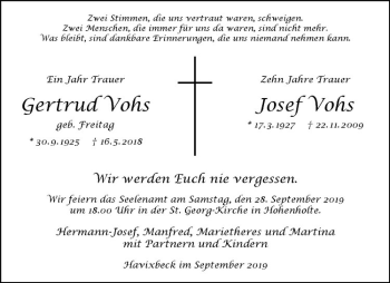 Anzeige von Josef Vohs von Westfälische Nachrichten