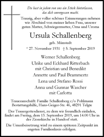 Anzeige von Ursula Schallenberg von Westfälische Nachrichten