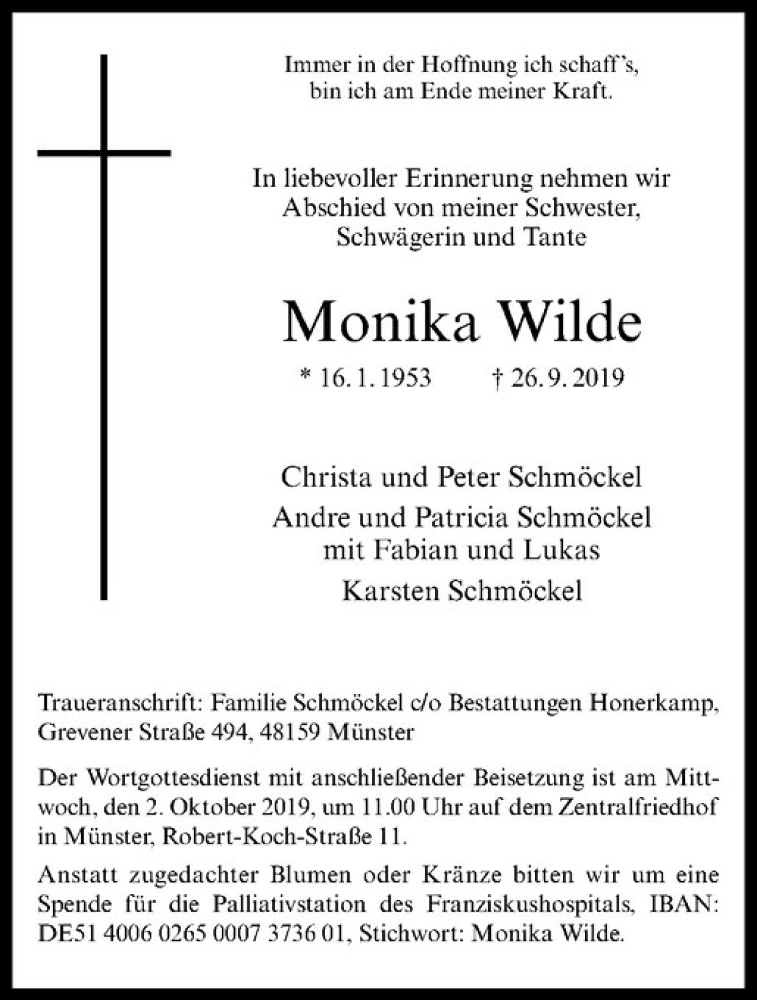  Traueranzeige für Monika Wilde vom 28.09.2019 aus Westfälische Nachrichten