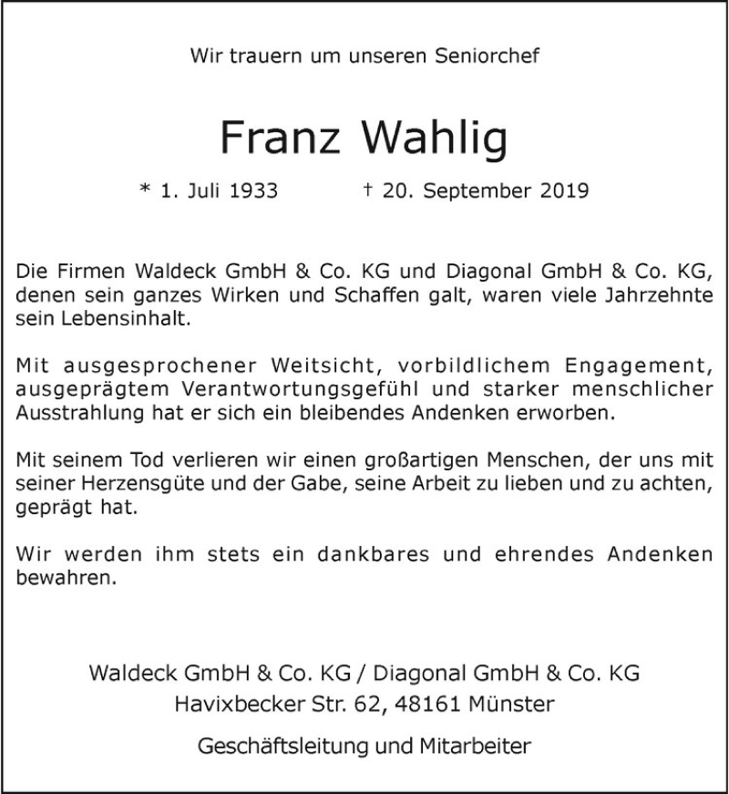  Traueranzeige für Franz Wahlig vom 25.09.2019 aus Westfälische Nachrichten