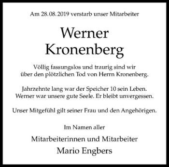 Anzeige von Werner Kronenberg von Westfälische Nachrichten