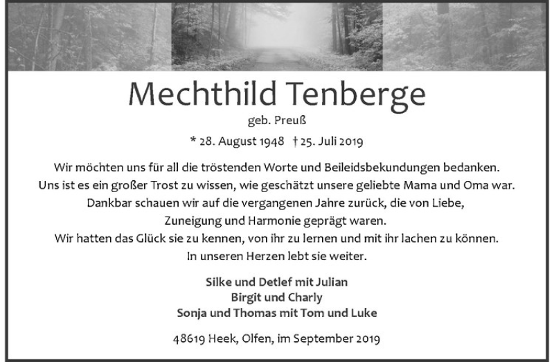  Traueranzeige für Mechthild Tenberge vom 12.09.2019 aus Westfälische Nachrichten