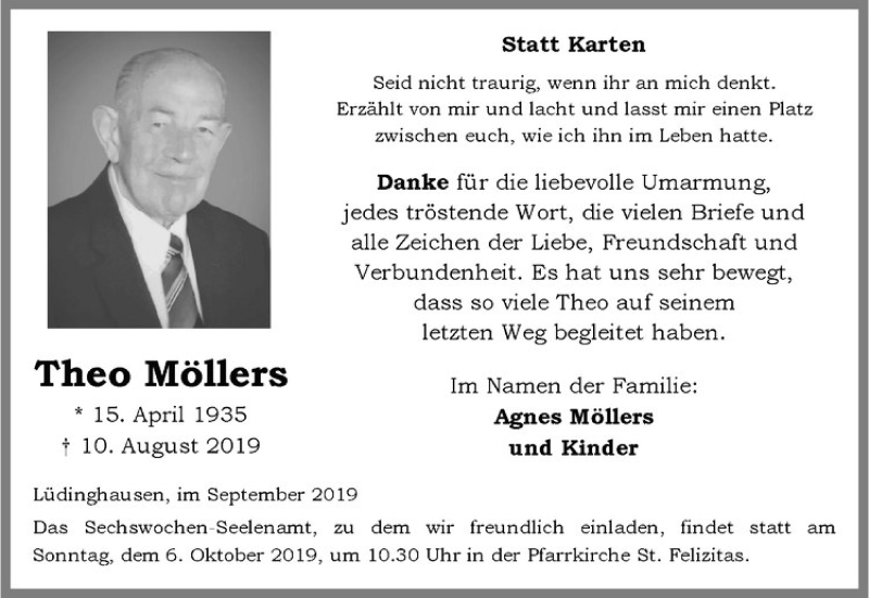  Traueranzeige für Theo Möllers vom 28.09.2019 aus Westfälische Nachrichten
