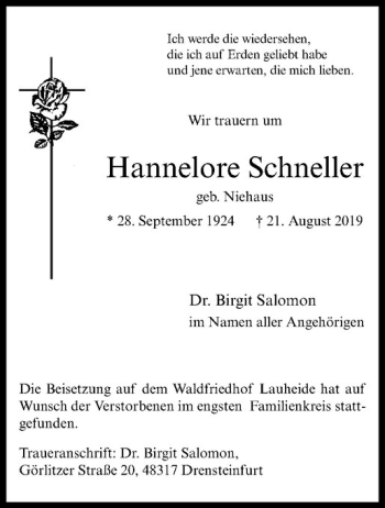Anzeige von Hannelore Schneller von Westfälische Nachrichten