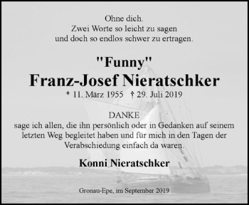 Anzeige von Franz-Josef Nieratschker von Westfälische Nachrichten
