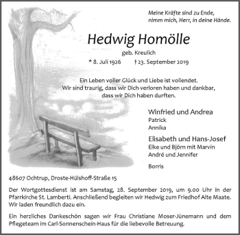 Anzeige von Hedwig Homölle von Westfälische Nachrichten