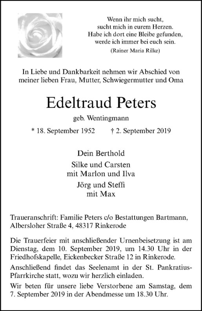  Traueranzeige für Edeltraud Peters vom 07.09.2019 aus Westfälische Nachrichten