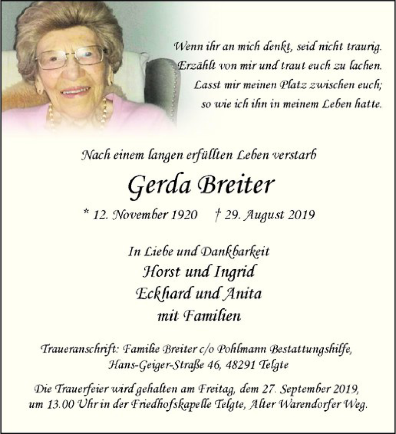  Traueranzeige für Gerda Breiter vom 21.09.2019 aus Westfälische Nachrichten