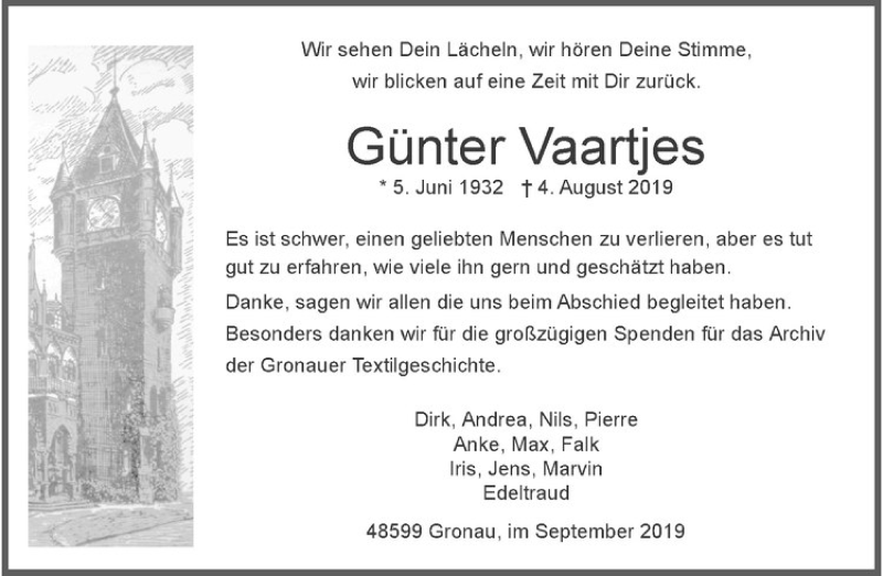  Traueranzeige für Günter Vaartjes vom 14.09.2019 aus Westfälische Nachrichten